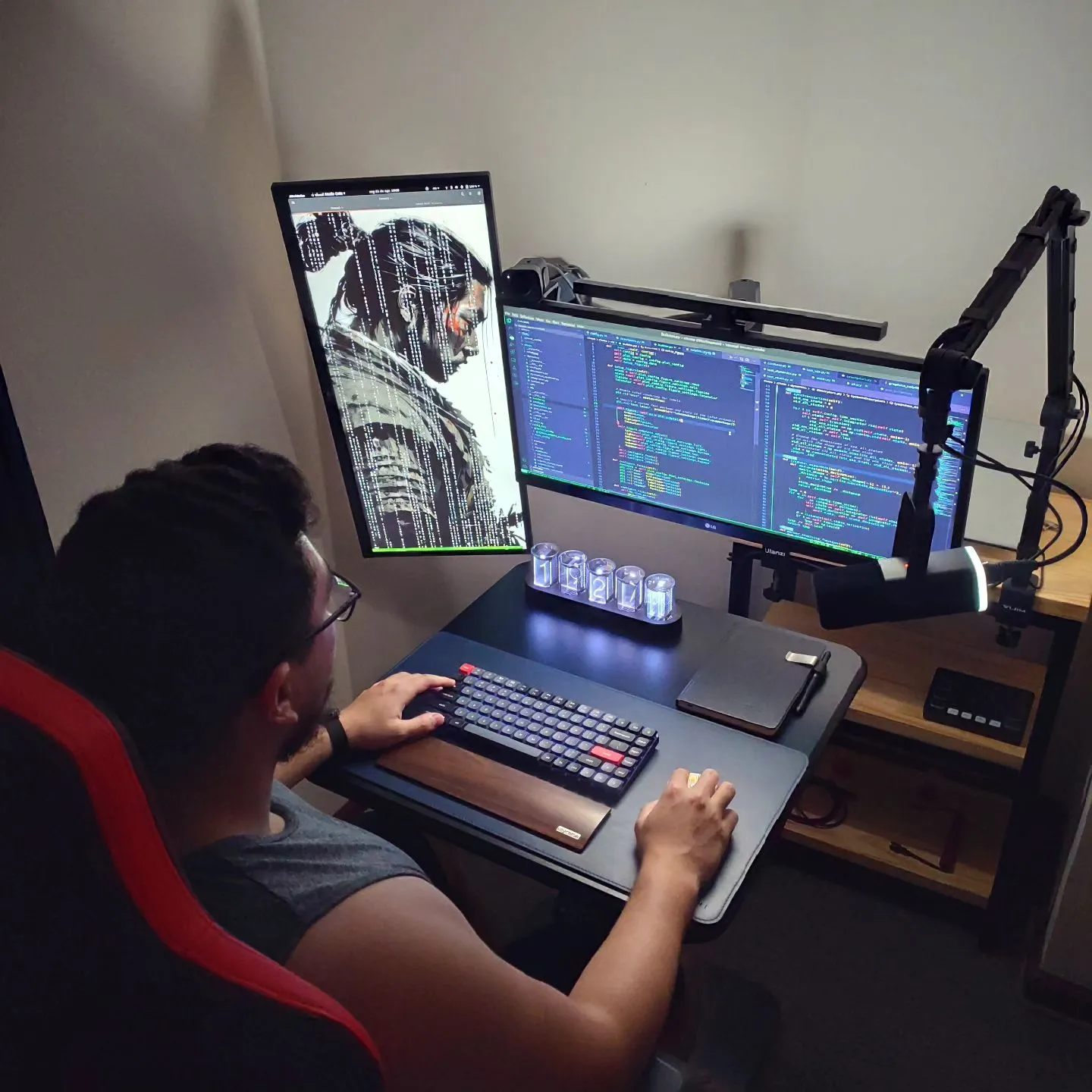 Coding session on a monitor in a dim workspace