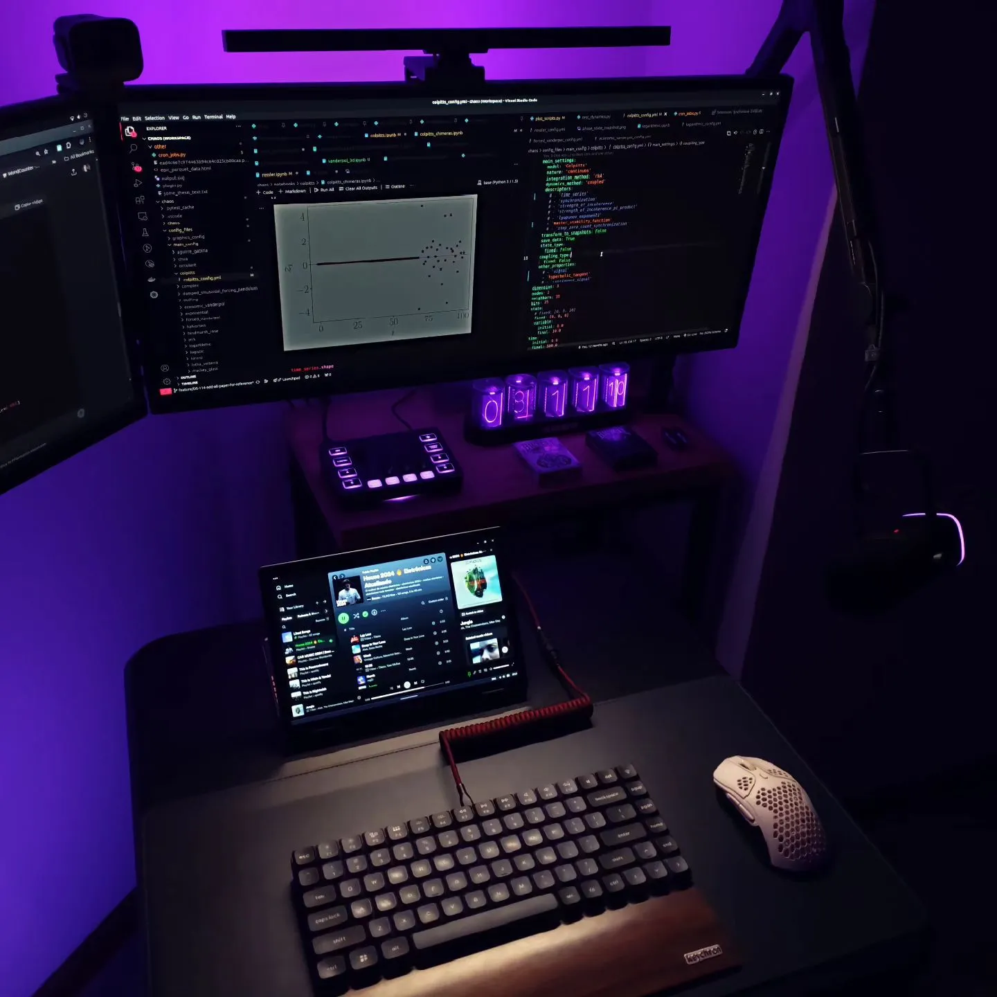 Desk setup with purple ambient lighting